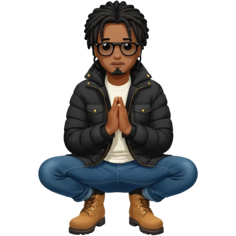 African American man brown skin complexion with black dreadlocks shoulder length wearing black bubble winter coat wearing black sunglasses with denim skinny jeans and timberland boots kneeling on one knee in prayer emoji