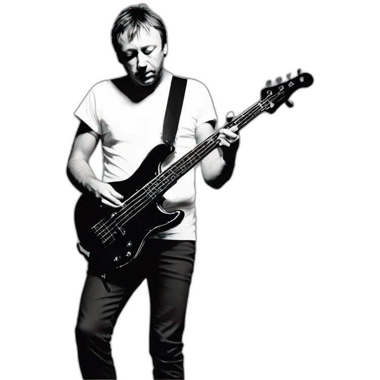 photo realistic, full body, Peter Hook from Joy Division, in 1979, playing, Yamaha black bass guitar, standing up, front view emoji