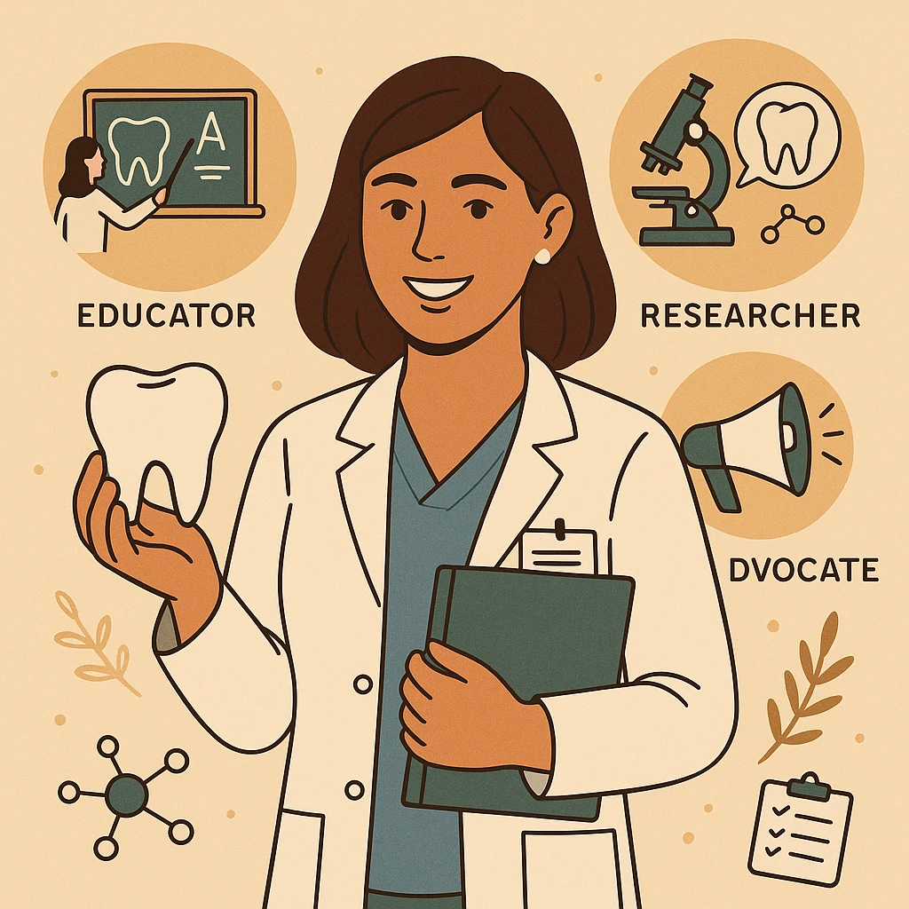 dental hygienist combining educator, researcher, and advocate roles, surrounded by symbols of teaching, research, and advocacy emoji