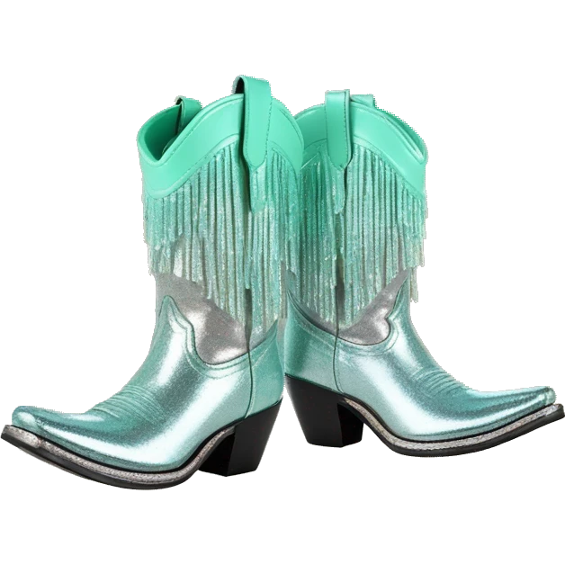 Realistic silver and mint green ombre pair of fashion cowgirl boots with sparkly shiny glitter fringe on them. emoji