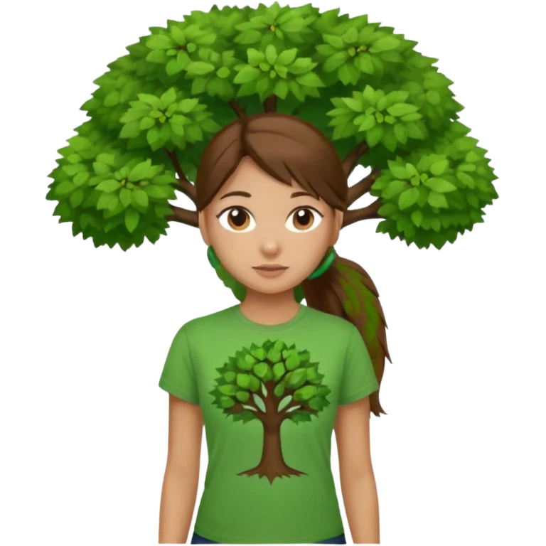 Make a zumba coach emoji, brown eyes, brown hair girl, long ponytail,green t shirt with a tree logo on It emoji
