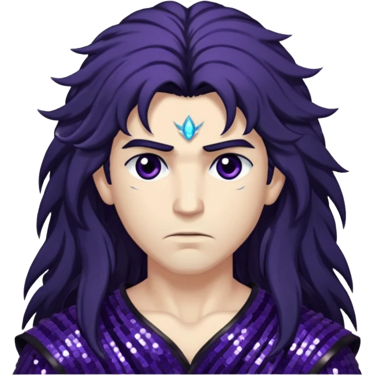 Boreas, God of North Wind from Gods and Goddesses with long black shaggy hair, dark purple sequin outfit emoji