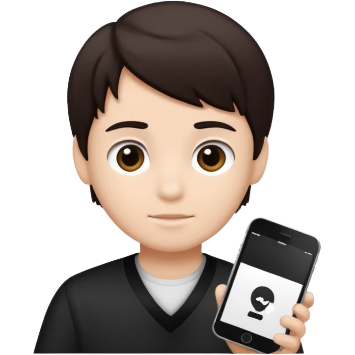 Dark brown hair, black and white color and is a boy emoji