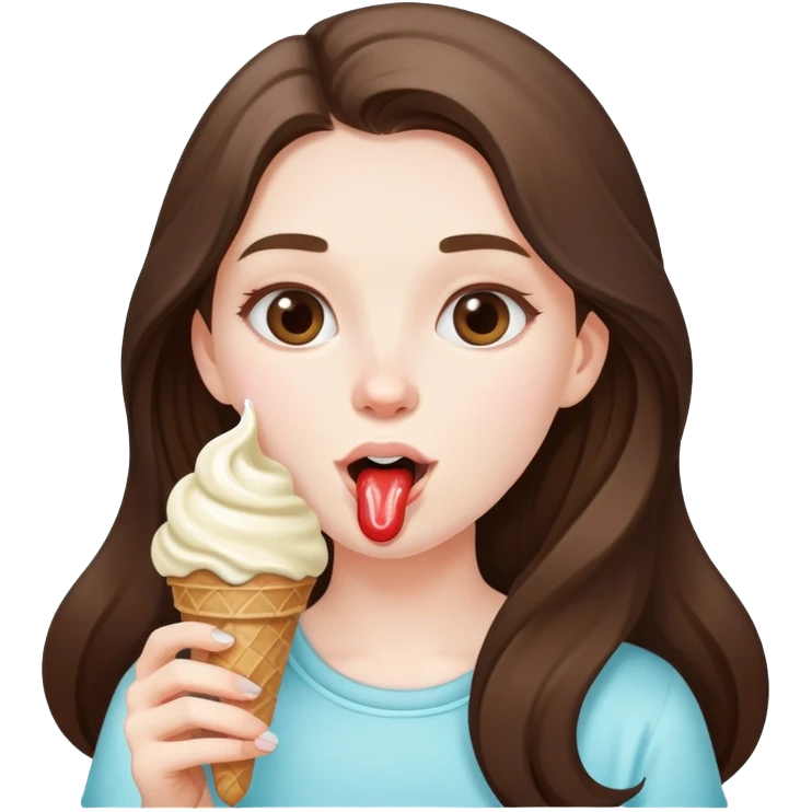 beautiful pale brunette girl with long hair eating ice cream emoji