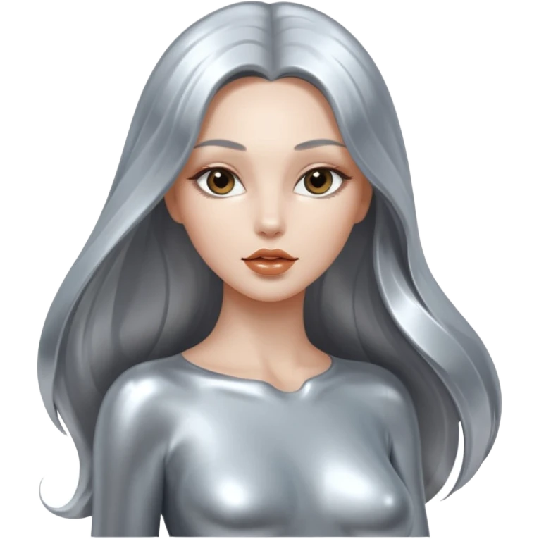 abstract sensual skinny&busty body silhouette, liquid silver chrome, smooth curves,chrome silver long hair, chrome metallic color face and body, sensual poses emoji