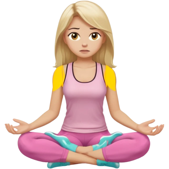 Create a young woman with long blonde hair, golden eyes, and medium-light skin tone, wearing a light pink tank top and leggings. She should be sitting cross-legged in a calm pose, but with a subtle doubting or skeptical facial expression—slightly raised eyebrow, small frown, or pursed lips.  emoji