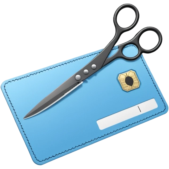 Floating black Scissors cutting a light blue military ID card in 2 parts .hyper realistic emoji