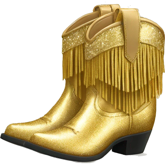Realistic gold colored fashion cowgirl boots with sparkly shiny glitter fringe on them. emoji