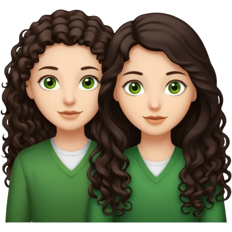 Two besties, 1: long ironed straight darkbrown hair, green eyes, 2: long curly darkbrown hair, brown eyes emoji