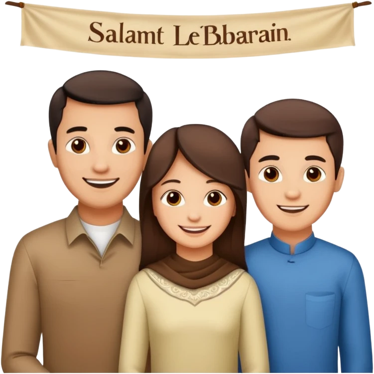 Lebaran. Keluarga terdiri dari Ayah, ibu, dua anak laki-laki dan yang paling kecil seorang anak perempuan. Tulisan : Selamat Lebaran  emoji