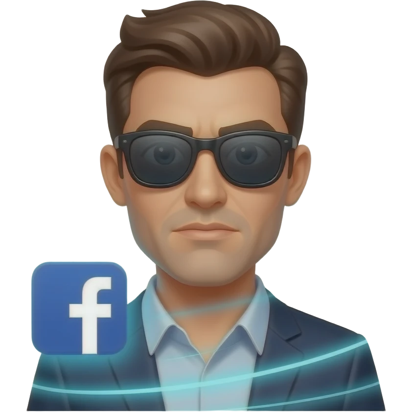 A informal man with sunglasses, glowing digital, symbols on the around, a floating glow Facebook logo on the left shoulder, looking at viewer with serious. Text on below: 'What's your topic, lady?' shimmering a red x and a green check icons emoji