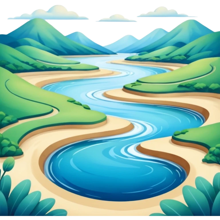 A 3D cartoon estuary where a river flows into the ocean, visible water color blend, soft natural lighting, Memoji-style. emoji