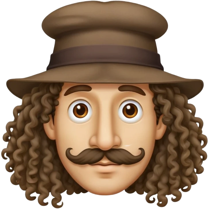Man with big nose, hat with 2 curly strands of long hair emoji