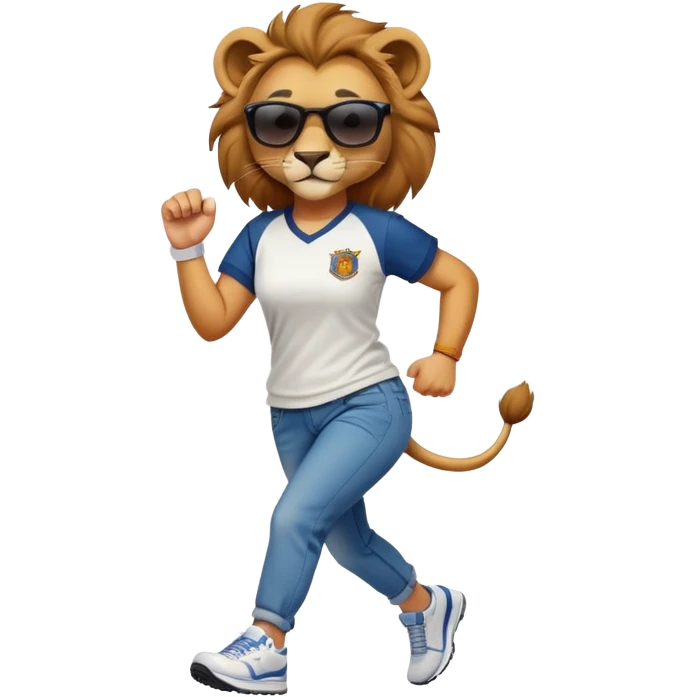 confident female lion jogging upright wearing baseball shirt, jeans, trainers, dark sunglasses, friendly expression emoji