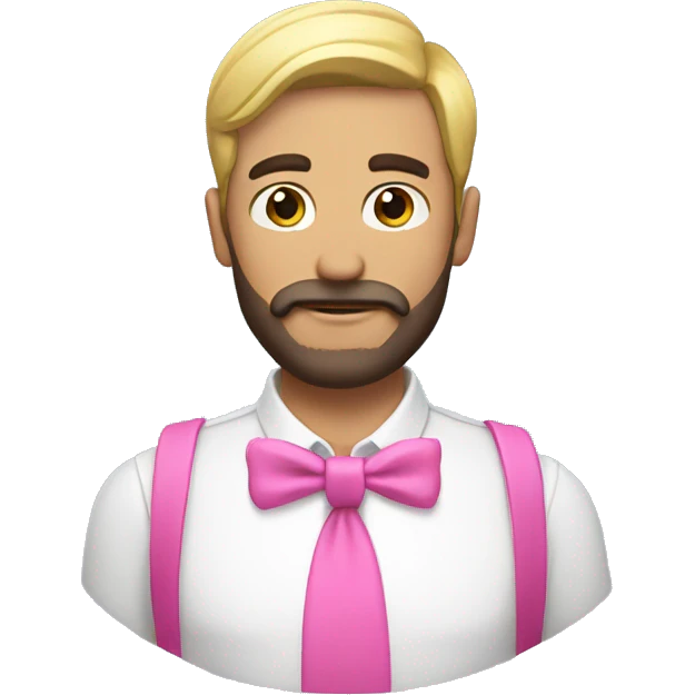 Gay man wearing a pink bow, with a beard his skin is white and has dark hair emoji