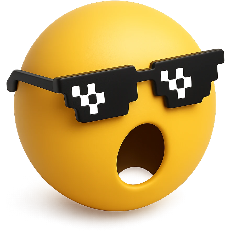 3d yellow emoji circle face with meme glasses, surprised expression emoji