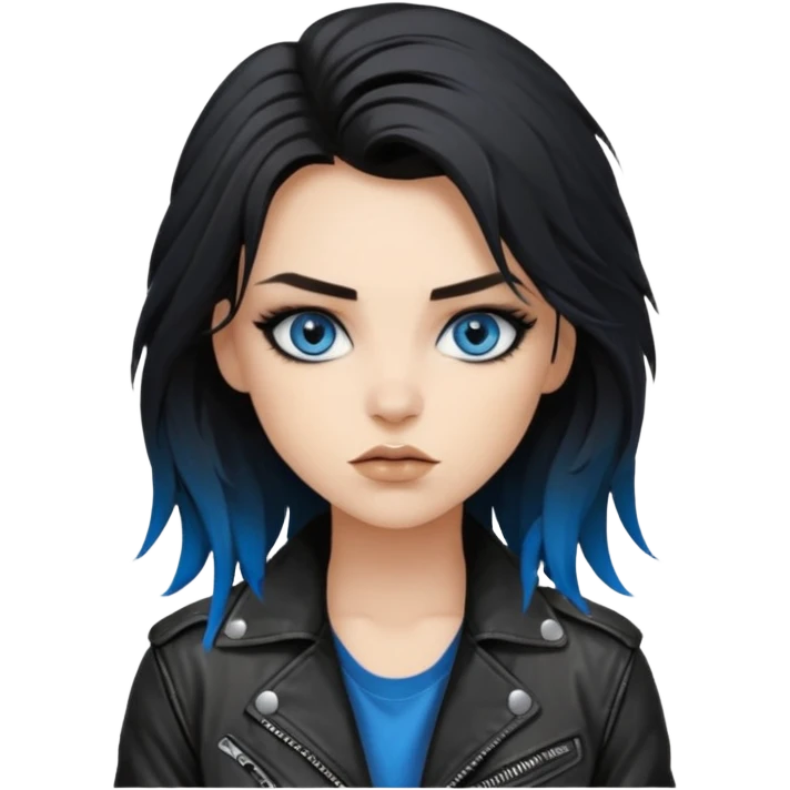 
 rockstar girl with long total black disheveled hair, blue eyes, Smokey eyes rockstar grunge makeup, rocking  emoji