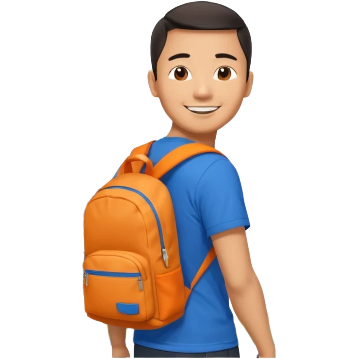 an asian man in blue t-shirt with orange backpack on the back. Eiffel tower on the background. shoulder length picture emoji