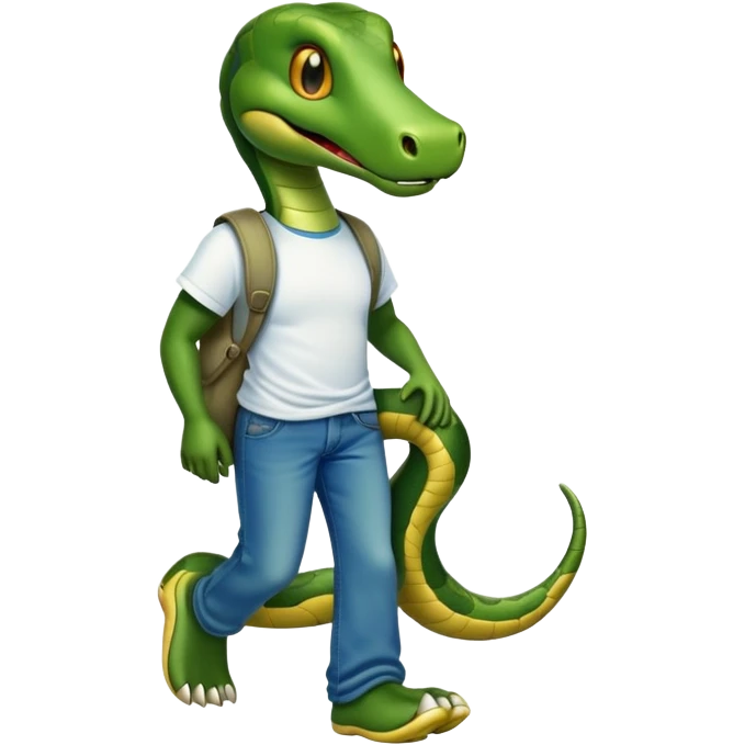 friendly anthropomorphised snake in jeans and a t-shirt, walking with a smile emoji