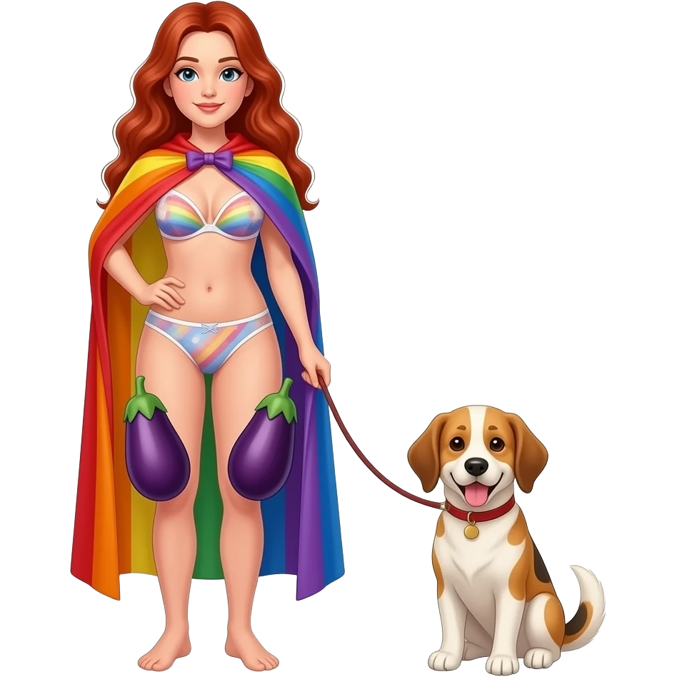 A full body image of A women standing with long red hair and wearing bru and underwear and there color 🏳️‍🌈 and add 🍆 this between here legs and add a dog beside her and she is holding his leash emoji