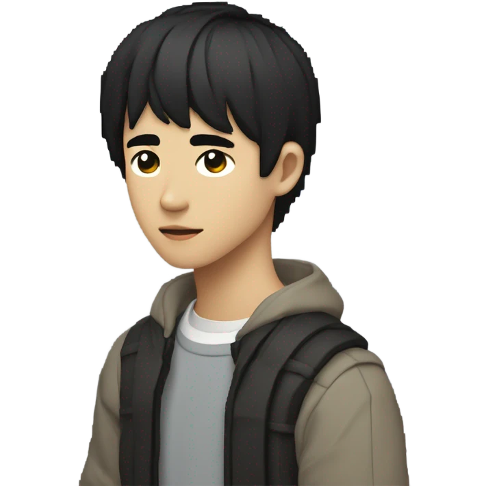 draw a Japanese male teenager, thin, short cable and black, in pixel art, his body profile, and the head a little tilted and looking at who observes the image, the arms should be at the height of the rib, stretched forward emoji
