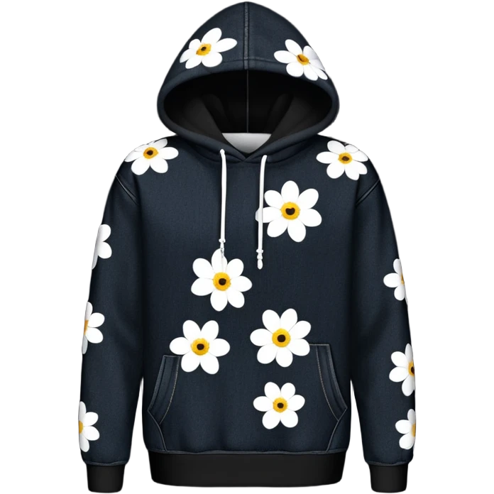 The BLACK Denim Tears Hoodie features a black base with distinctive white open flower spots with empty space in the middle, These hollow ring-like patterns are scattered across. emoji