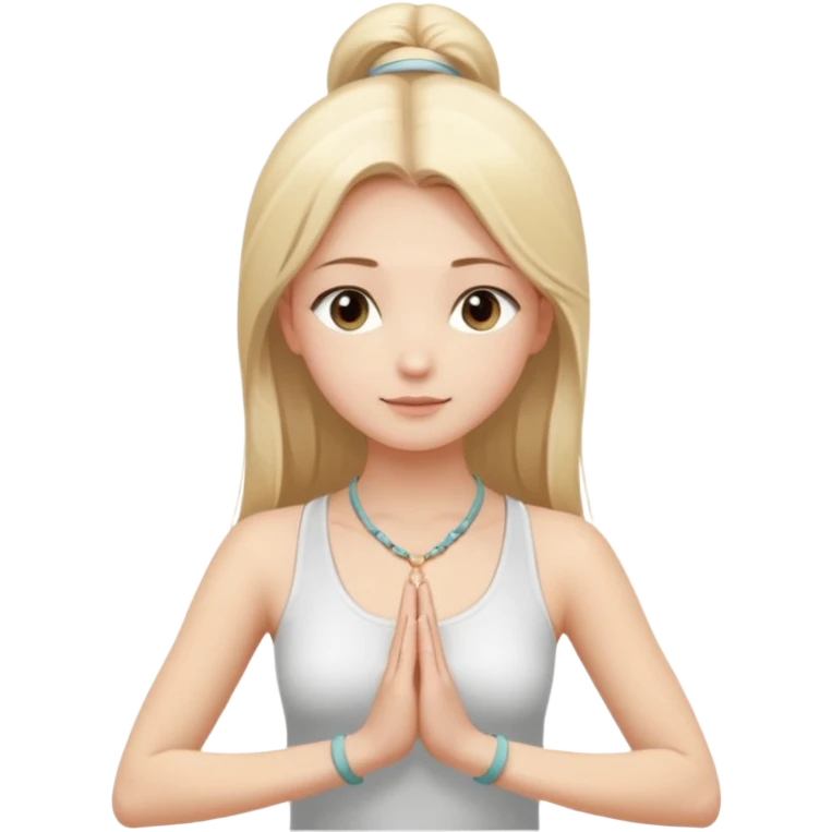 "Cartoon emoji of a girl with long, straight blonde hair, fair skin, soft brown eyes. Wearing a white top with a delicate necklace, serene expression, calm and peaceful. Smooth, simple, stylized." she is doing yoga emoji