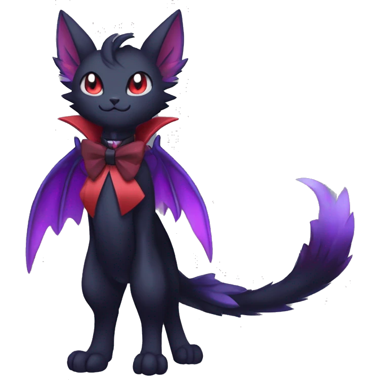 cool anthro black purple red ethereal fantasy nargacuga-Noivern-cat-Fakemon collar harness bow tie and bracers full body emoji