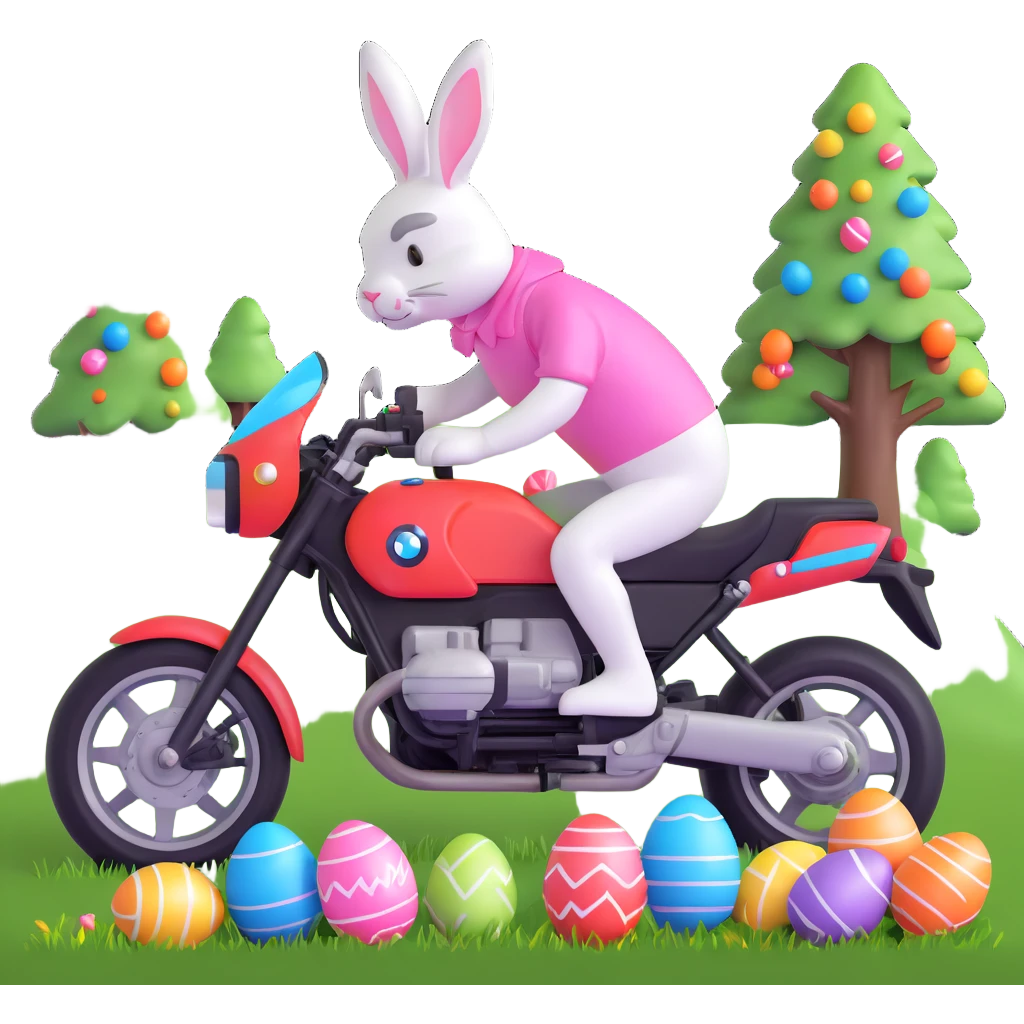 Easter bunny riding a BMW boxer motorcycle with trees and grass in the background, colorful Easter eggs hidden in the grass, and more bunnies watching from the side of the road emoji
