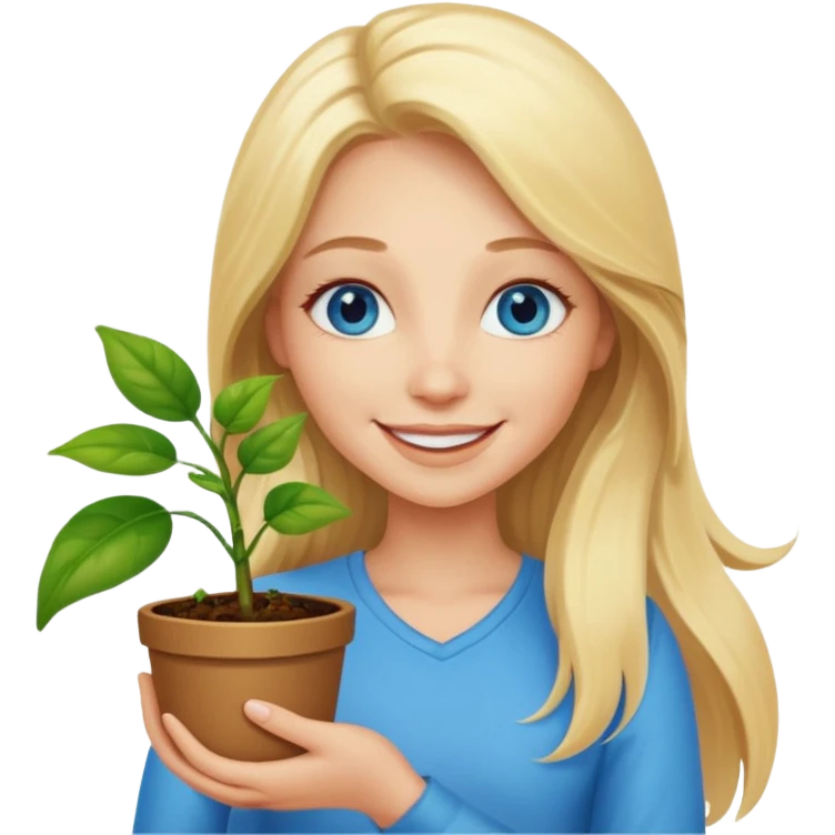 Happy Woman with long blonde hair and blue eyes holding happy plant emoji