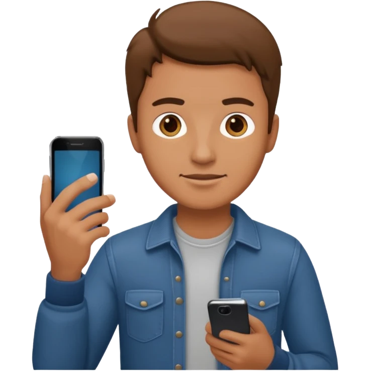 man casual clothes holding a phone emoji