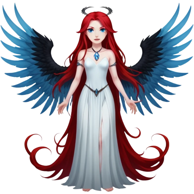 full body portrait of an extremely diabolical girl with pale white skin, massive towering wings, very long flowing blood red hair, glowing blue eyes, black hellfire aura, completely plain head with no accessories or features except hair, evil grin, no necklace emoji
