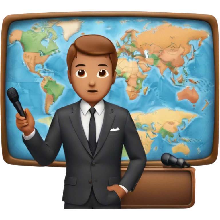 Icon for Documentary Film (TV style): A large vintage TV screen with a serious-looking host standing in front of a map. The host holds a microphone, and the map displays historical or geographical information. Retro TV broadcast style. Transparent background. emoji