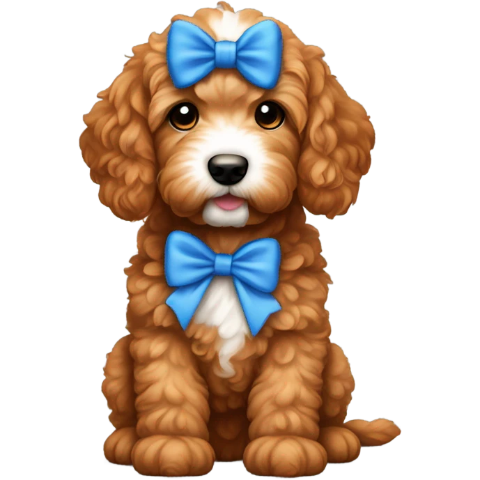 Red goldendoodle puppy white nose and chest blue bow on head emoji
