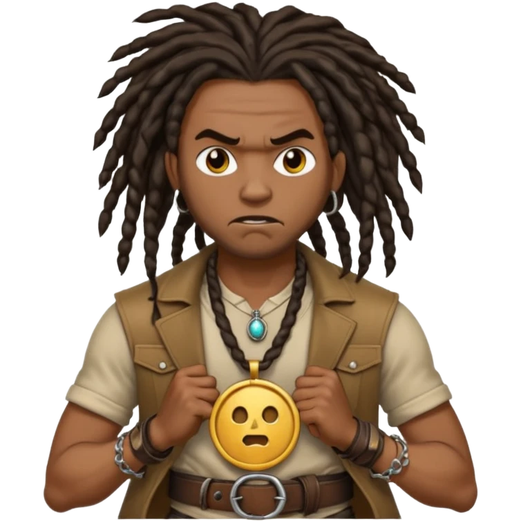 a angry black man with dreads and a circle pendant chain to the side slanging back and forth a belt emoji