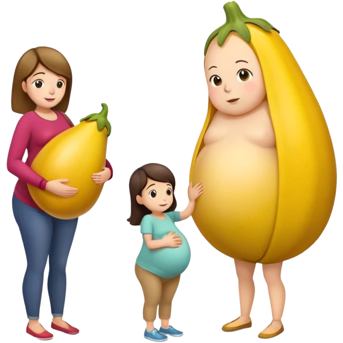 yellow eggplant on top of a pregnant person, with a bowing person turned to the side emoji