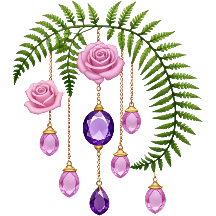Hanging suncatcher, threads with shiny sparkly amethyst and rose-quartz gemstones, roses, fern-leaves  emoji