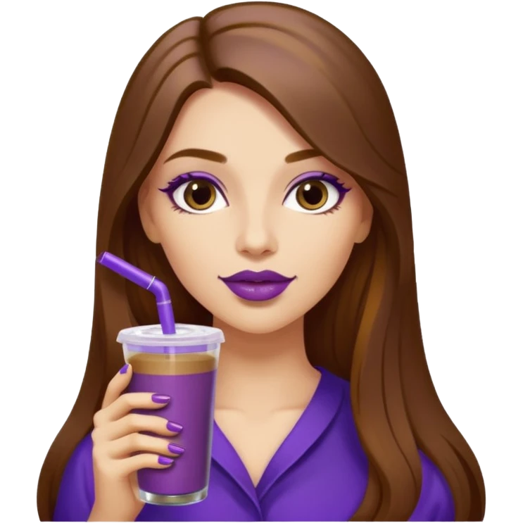 girl with long brown hair, wine lipstick, gold nails, drinking a blueberry butter pecan iced coffee with a purple straw  emoji