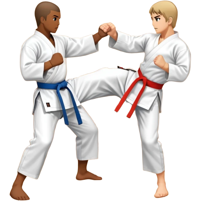 An icon symbolizing traditional Karate, showing two opponents engaged in a sparring match. One is about to deliver a powerful punch, while the other is in a defensive stance. The background includes elements like a dojo and wooden floor. Transparent background emoji