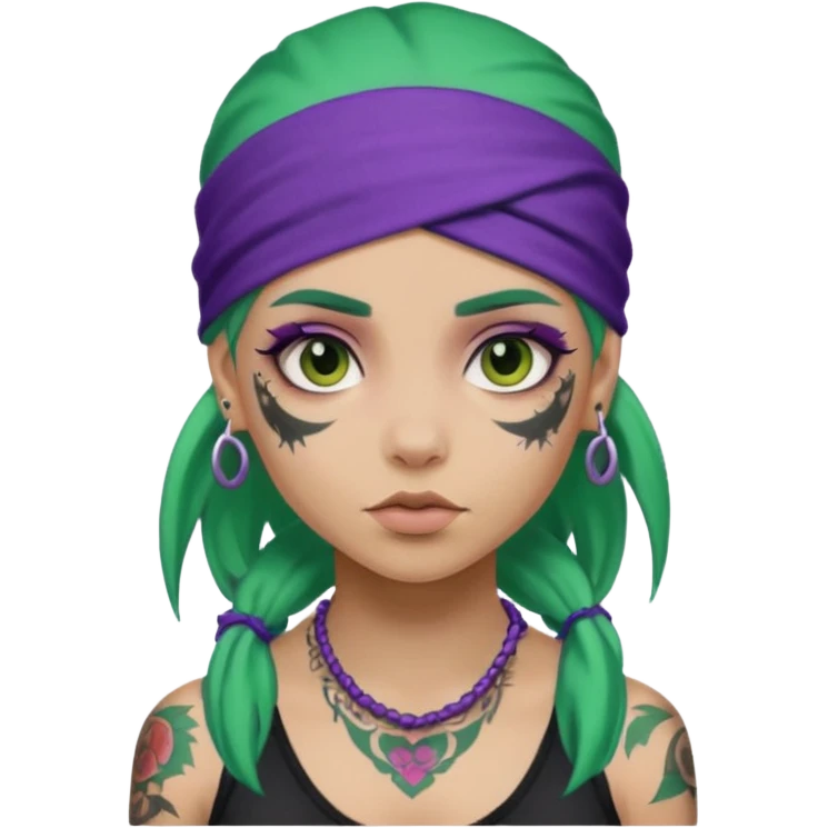 green hair with purple head bandana and lots of face tattoo girl emoji