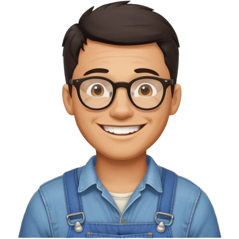smiling dark-haired man with glasses, big teeth, standard male haircut, rural farmer emoji