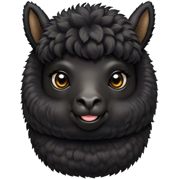 Cinematic Cute Black Alpaca Portrait Emoji, Head tilted playfully and inquisitively, featuring a plush, shiny jet-black fleece with a lustrous sheen, round, sparkling dark eyes filled with curiosity, Simplified yet irresistibly adorable features, highly detailed, glowing with a warm, friendly glow, high shine, affectionate and gentle, stylized with a touch of whimsy, bright and endearing, soft glowing outline, capturing the essence of a mischievous yet loving alpaca, so playful it feels like it could prance out of the screen and into your arms! emoji