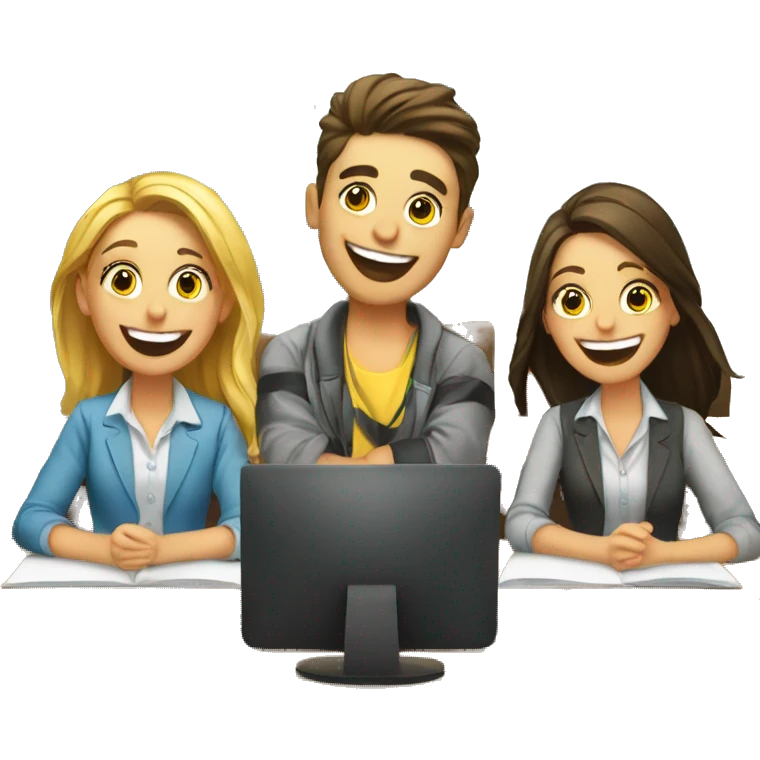 3 European students sitting at desk. They are laughing at lesson emoji