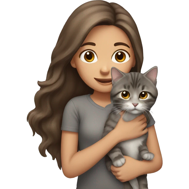 Brown long hair girl holding a tabby grey cat emoji