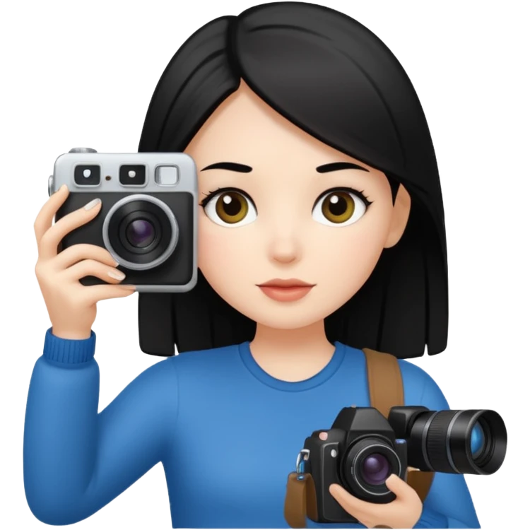 White girl, straight black hair holding a camara and taking pictures emoji