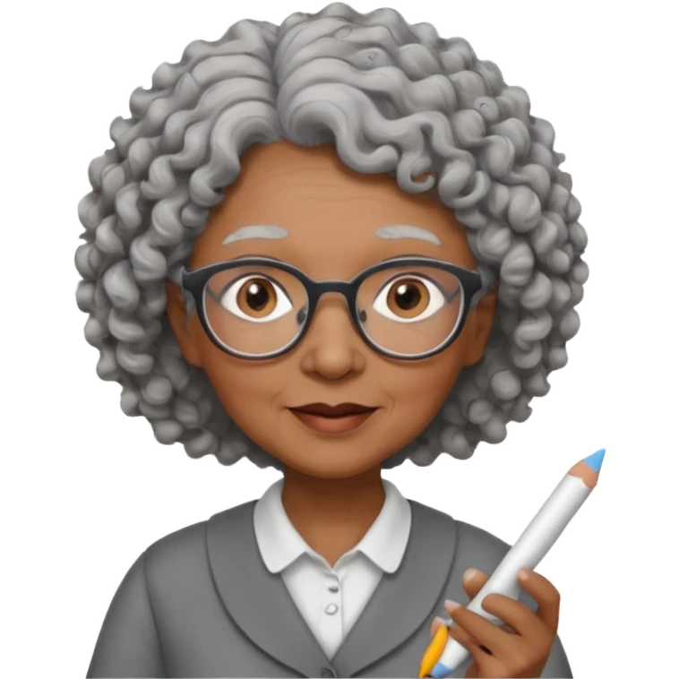 old woman teacher, brown skin, curly grey hai, wearing glasses, hold chalk on hand emoji