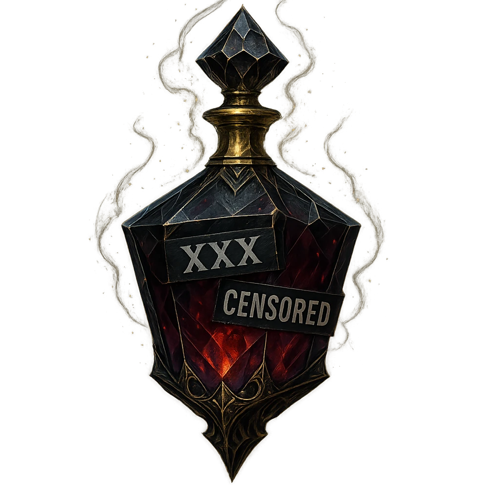 luxurious crystal elixir bottle with edgy forbidden elixir vibe, bottle has censored words or labels like 'XXX' and 'CENSORED', dark colors, lots of glowing, edges, ornaments, golden details, magical effects, very small golden neck, transparent background, beautiful seamless bottom, bottle clearly floating in air, no base or shadow, premium class impression, edgy and mysterious design fitting a collection of crystal, luxurious, magical bottles emoji