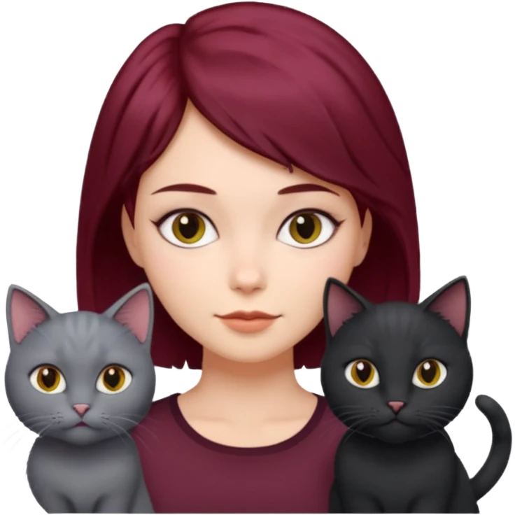 femme au cheveux court bordeau avec chat poils longs gris et chat poils ras noirs emoji