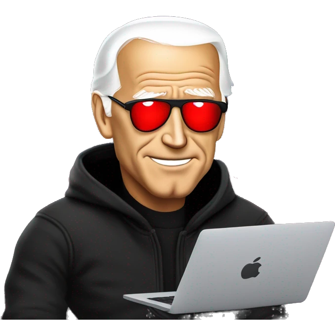joe biden in a black hoodie with bright red glowing laser eyes typing on a macbook, joe biden emoji