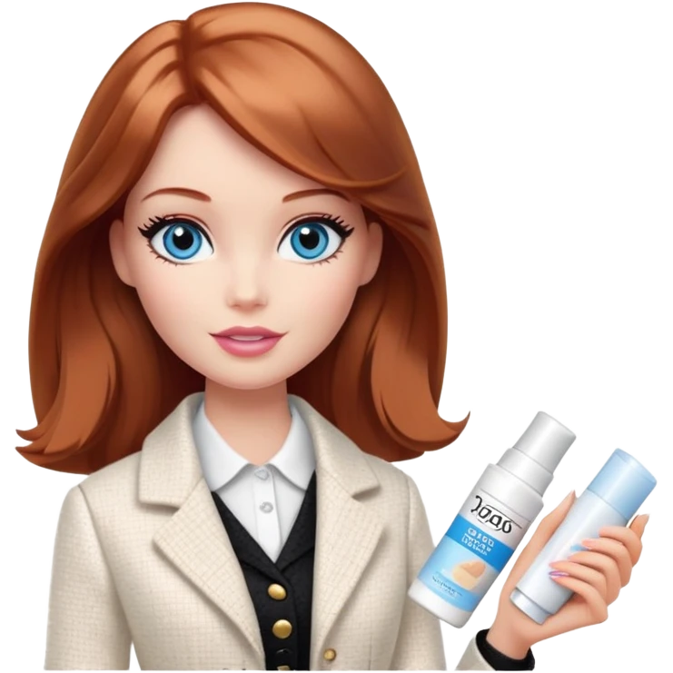 A Barbie girl with blue eyes, shoulder-length reddish-brown hair, made-up, in a white tweed jacket and black skirt, holding a tube of pale beige face cream emoji